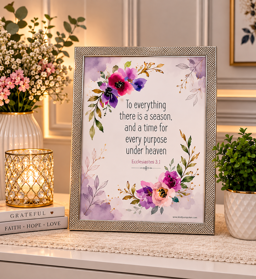 Silver framed 10x8 inch elegant piece with God’s Word from Ecclesiastes 3:1 “To everything there is a season, and a time for every purpose under Heaven”.