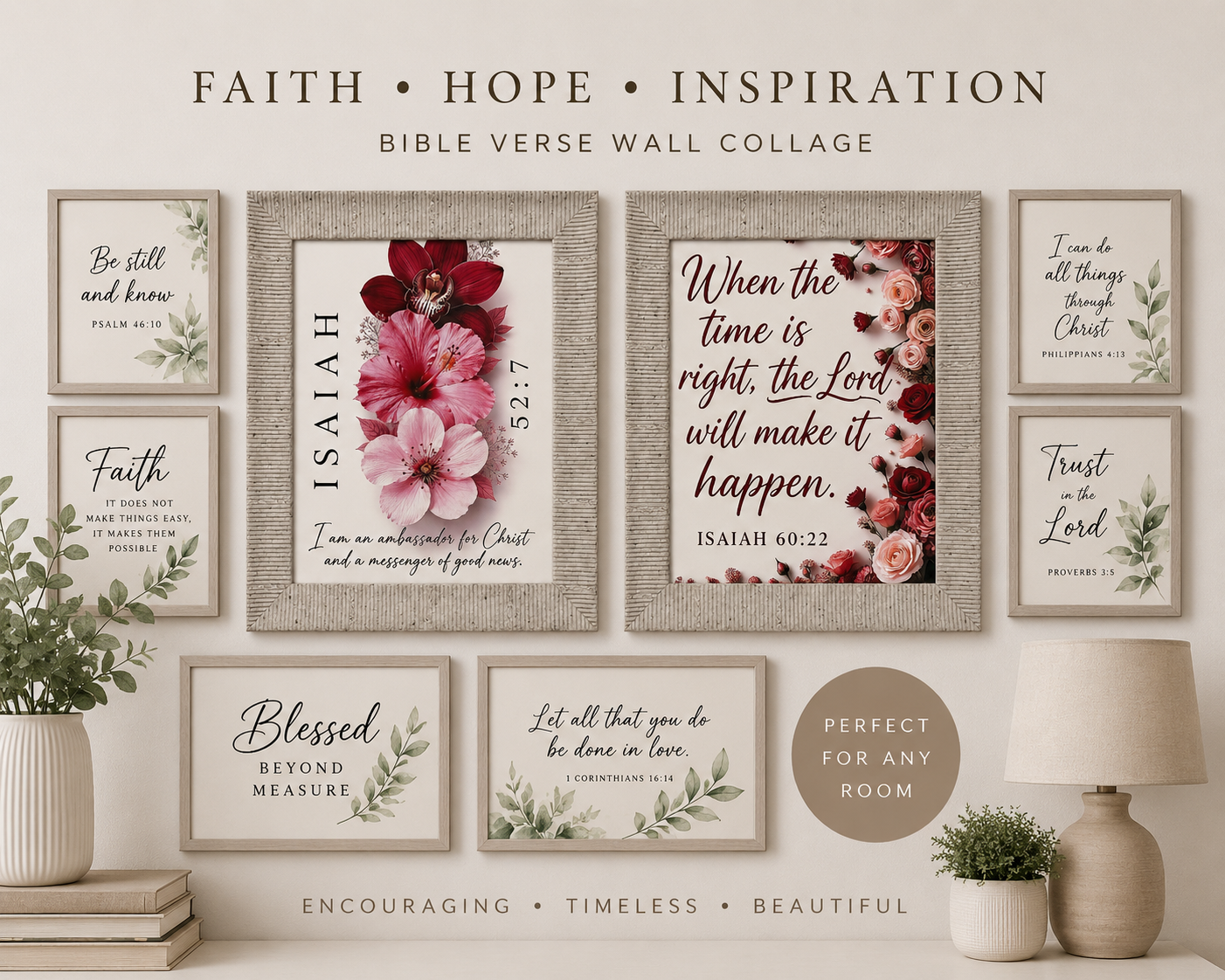 Bring a sense of peace, faith, and timeless beauty into your home with this stunning set of two floral Scripture wall art prints in 10x8 inch individual frames. Second photo is only for presentation purposes only.