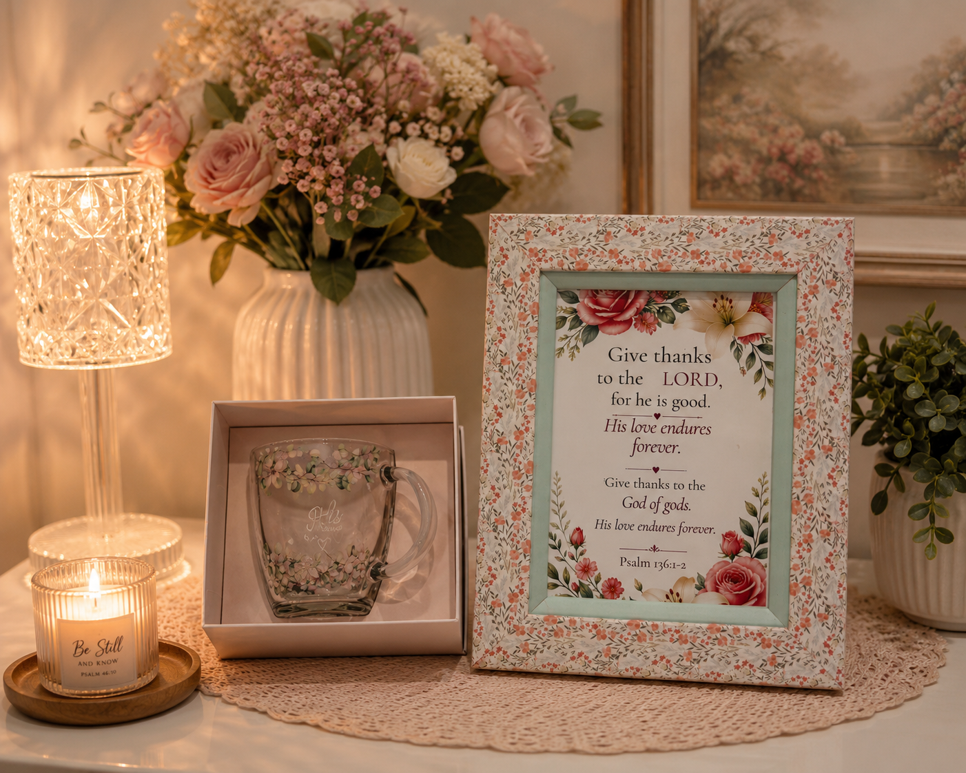 Rectangular flowered wooden photo frame of 8X6 inch size with Psalm 136:1-2 (Give Thanks to The Lord…)