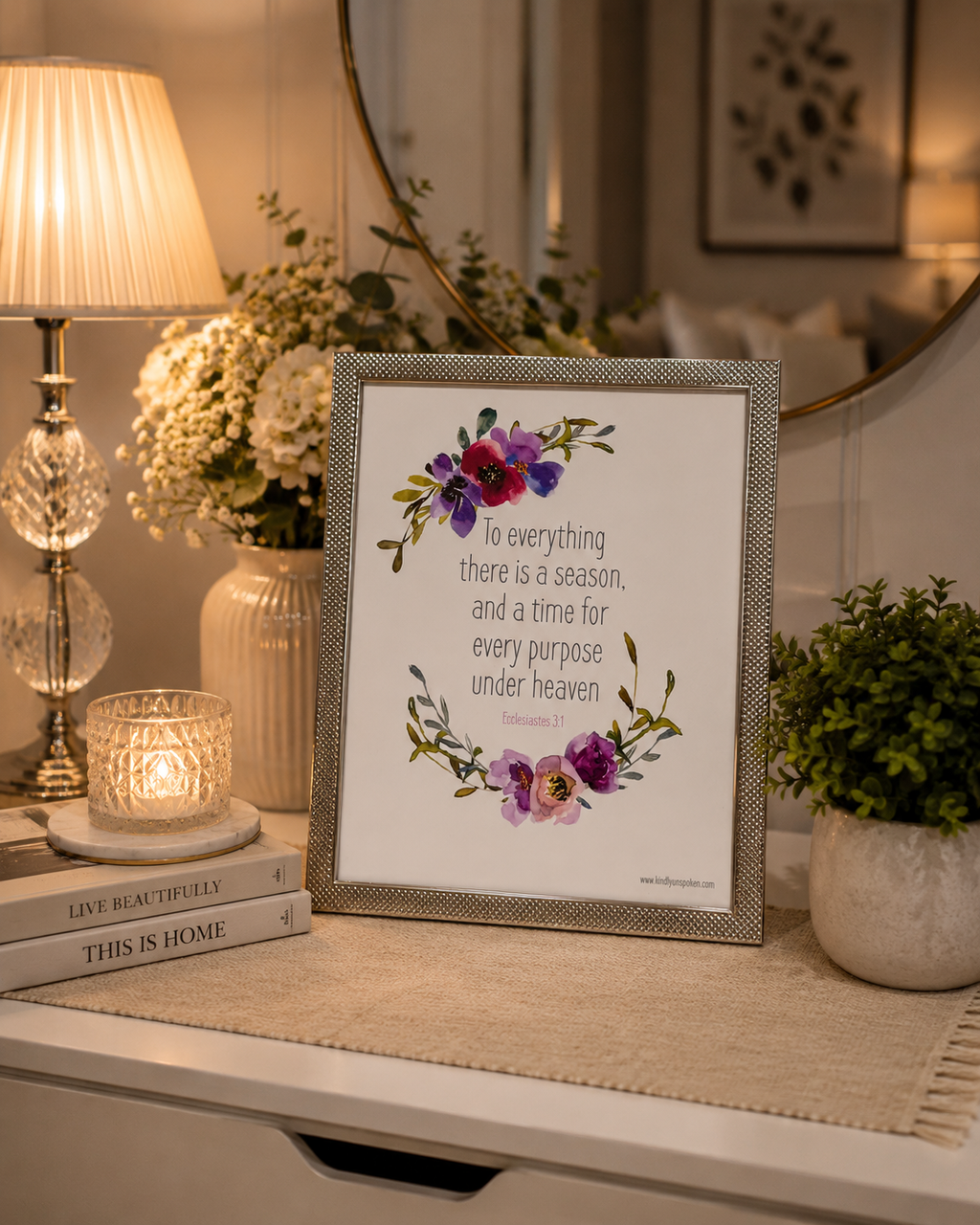 Silver framed 10x8 inch elegant piece with God’s Word from Ecclesiastes 3:1 “To everything there is a season, and a time for every purpose under Heaven”.