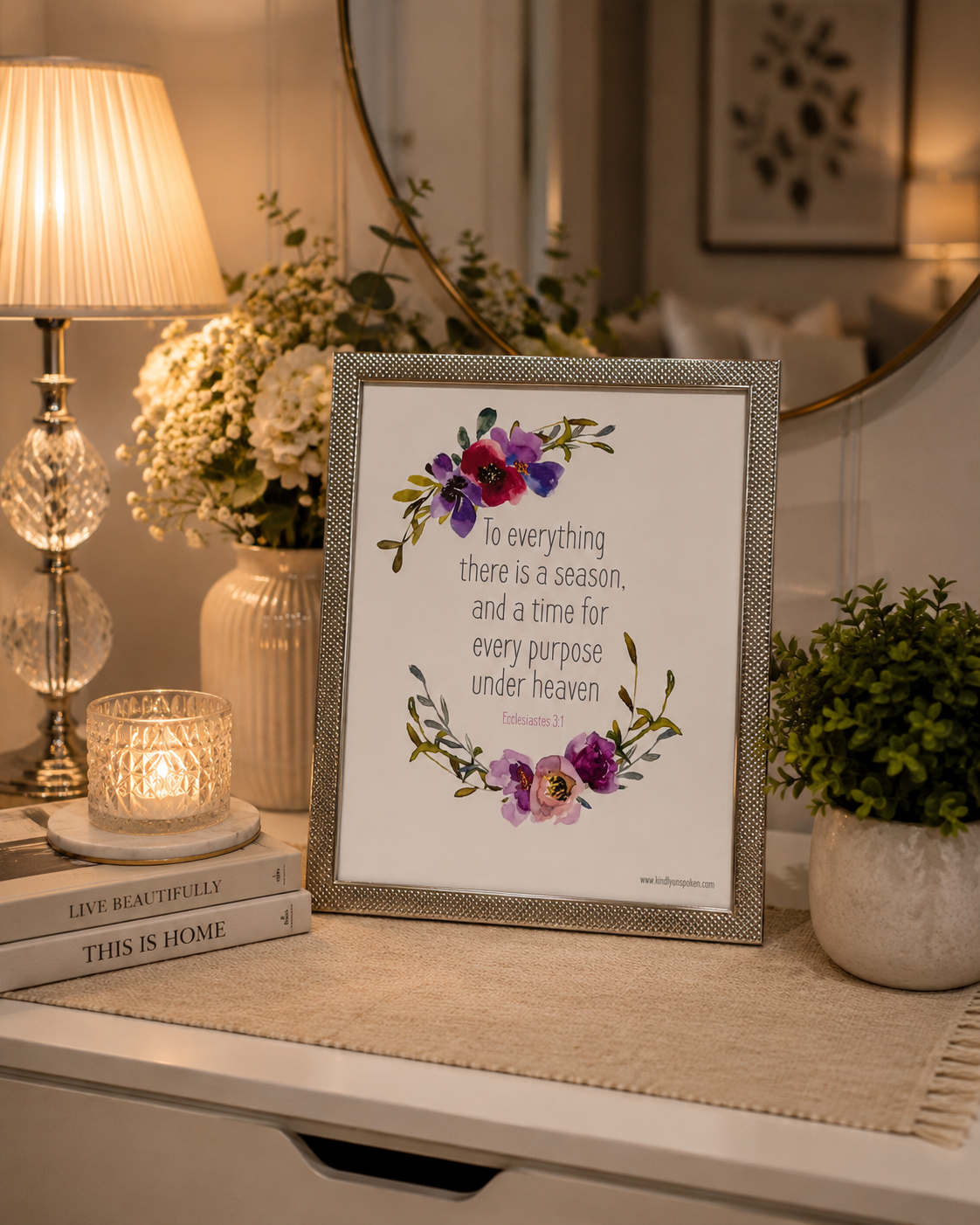 Silver framed 10x8 inch elegant piece with God’s Word from Ecclesiastes 3:1 “To everything there is a season, and a time for every purpose under Heaven”.