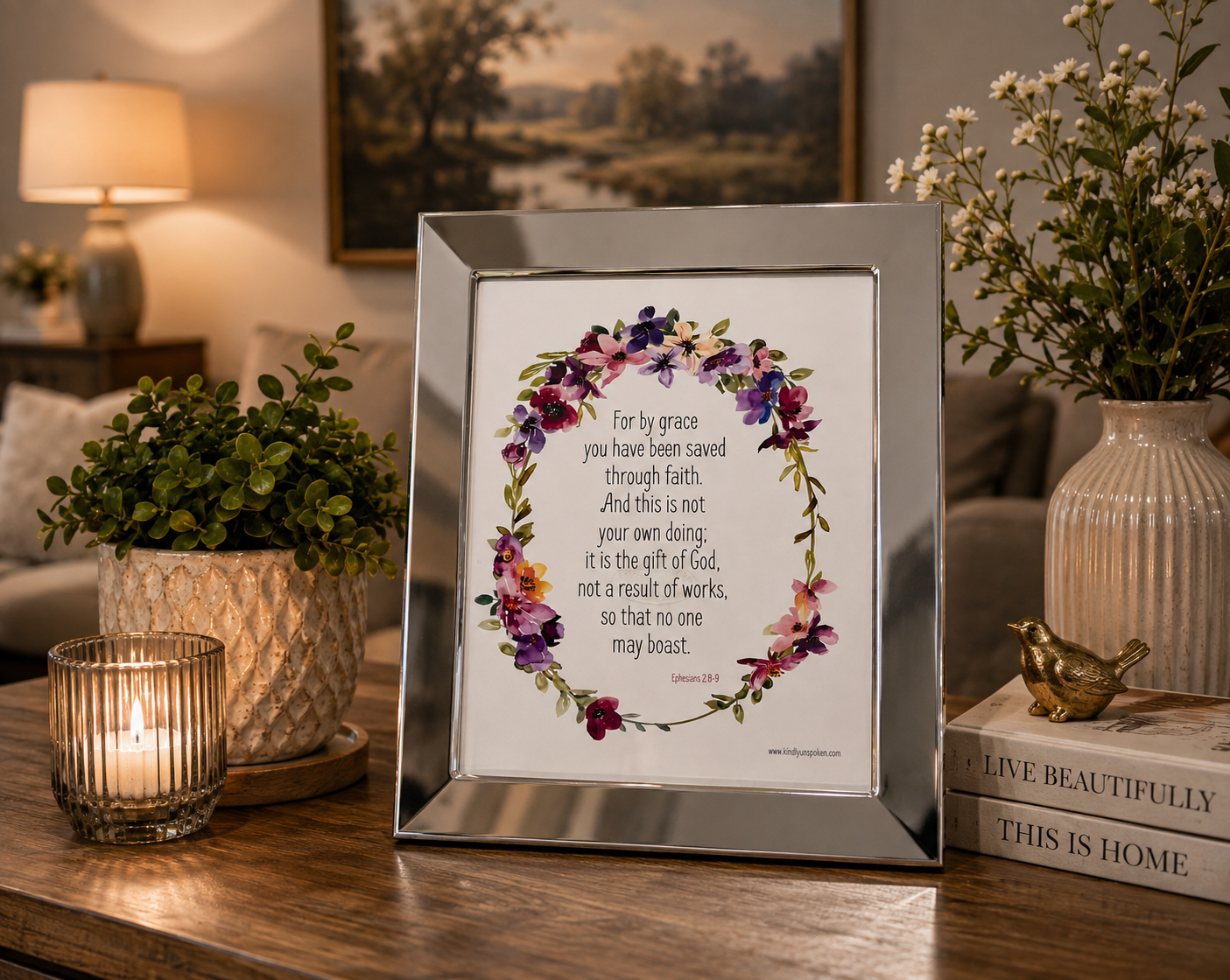 Silver framed 10X8 inch elegant piece with Bible Verse from Ephesians 2:8-9 “For by Grace you have been saved…”