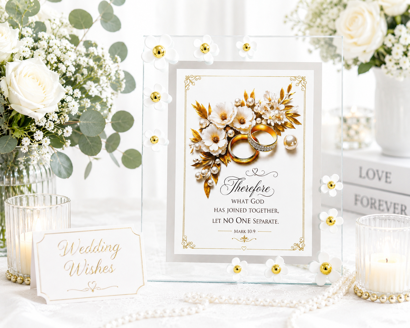 Wedding Wishes Floral Glass Frame – 8 × 6 inch | Elegant Wedding Keepsake, shown in bright and warm lighting.