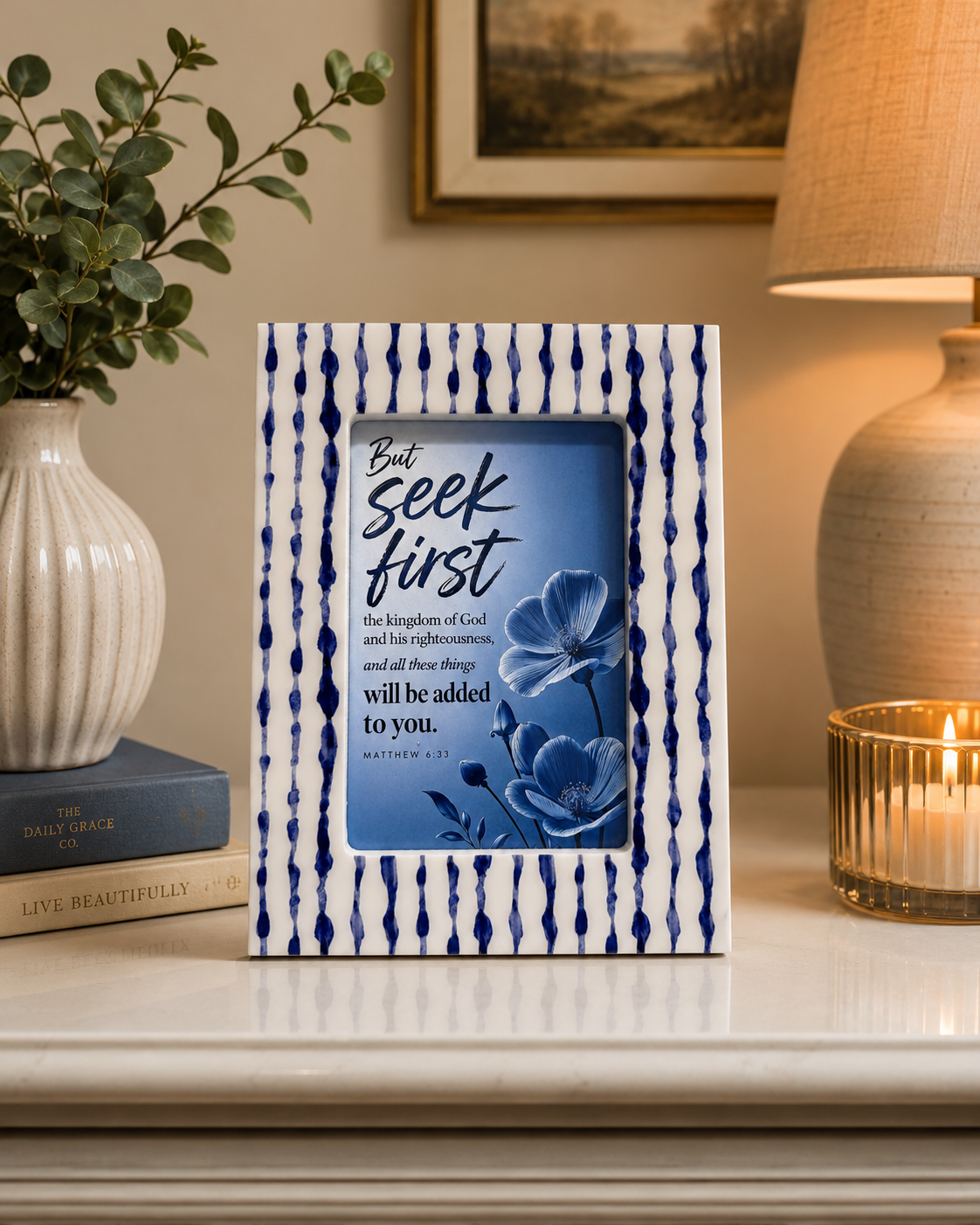 Matthew 6:33 Christian Scripture Print in Blue Shibori-Stripe Ceramic Picture Frame 4x6– Elegant Faith-Based Home Decor & Religious Gift