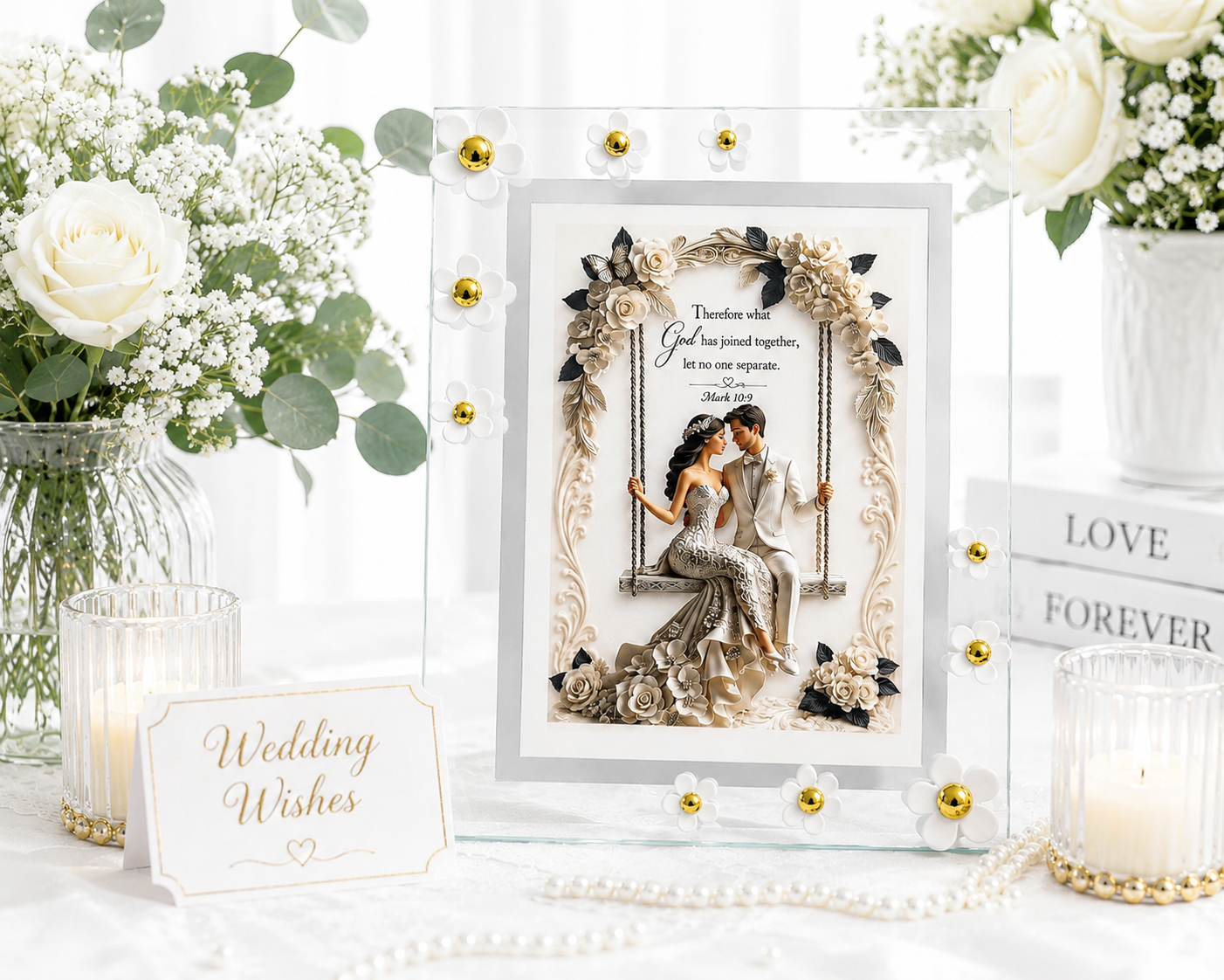 Wedding Wishes Floral Glass Frame – 8 × 6 inch | Elegant Wedding Keepsake, shown in bright and warm lighting.