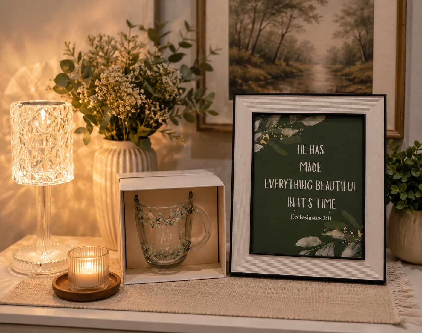 Elegant Faith-Inspired wooden Framed Art Print of 10X8 inch with printed Ecclesiastes 3:11: "He has made everything beautiful in its time."