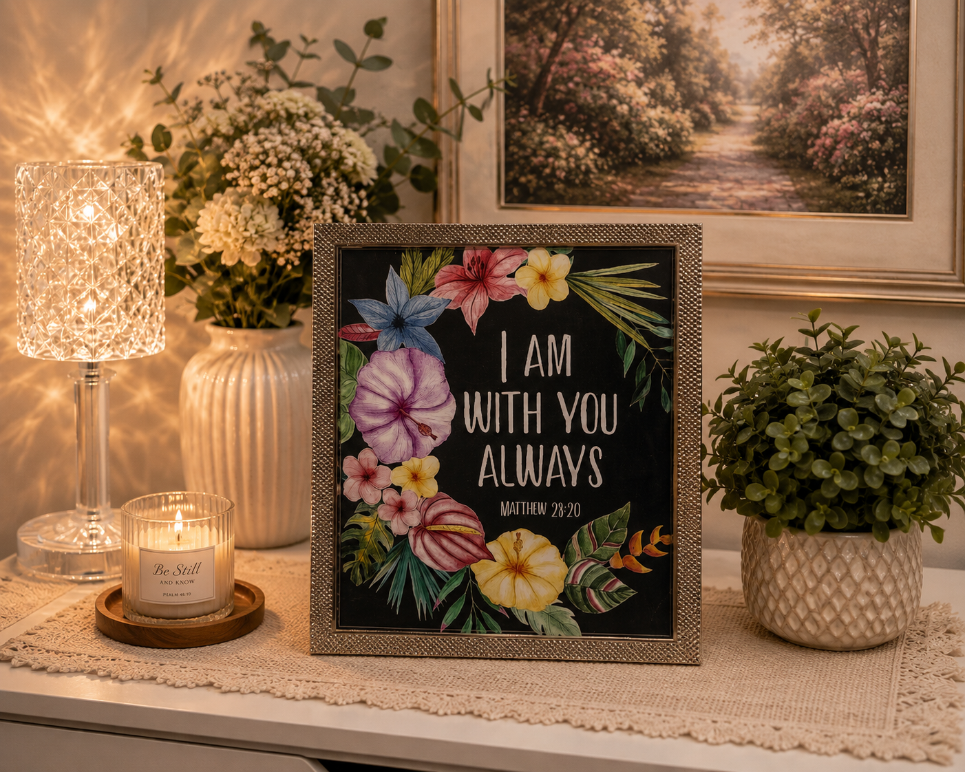Silver Framed Elegant Scripture Wall Art or for Table top in 10X8 inch size with Bible verse – "I Am With You Always" (Matthew 28:20)