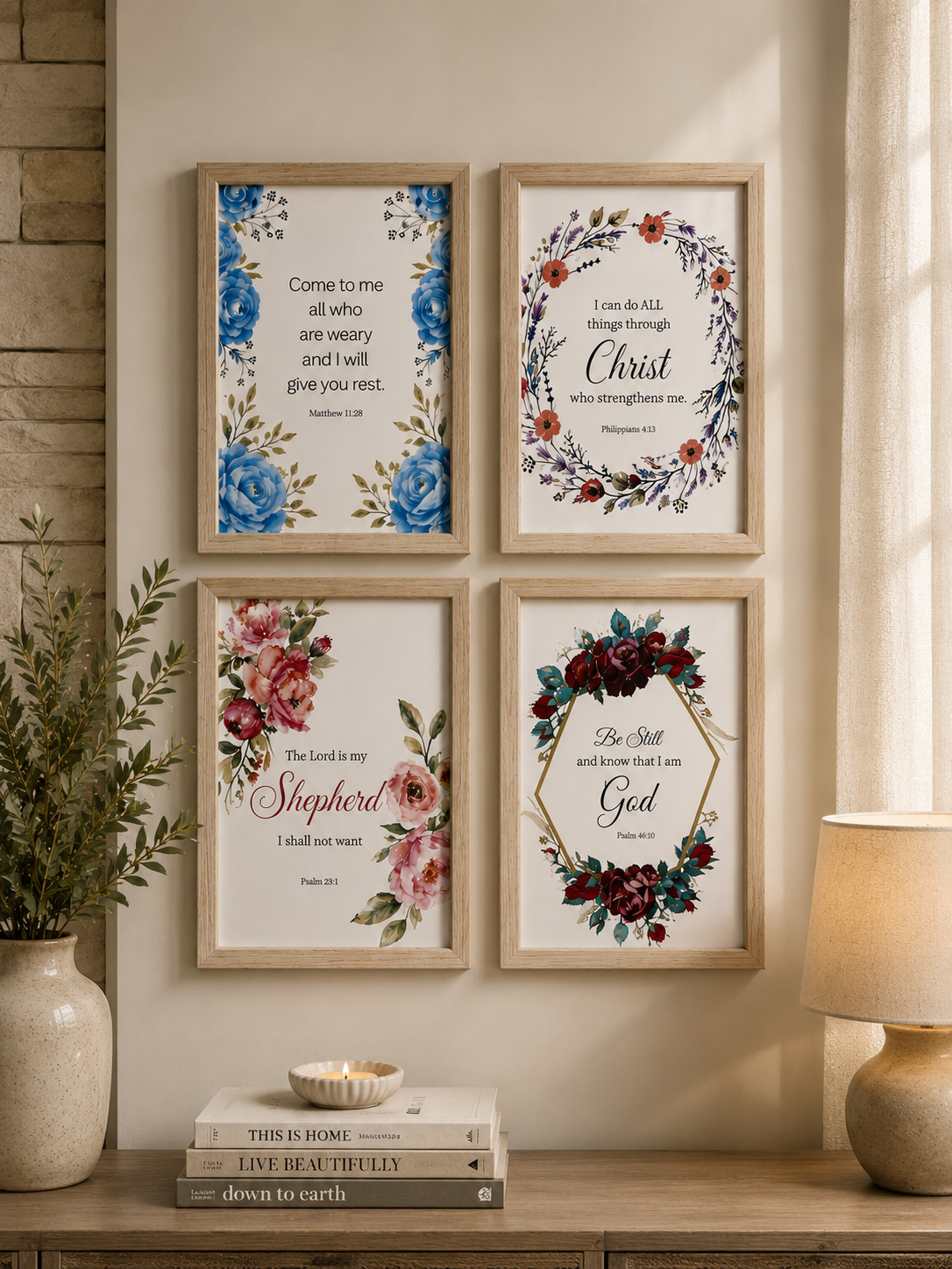 Four beautifully coordinated wall art prints 6x4 inch designed to bring peace, comfort, and daily inspiration into any living space