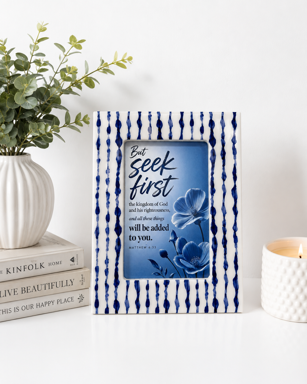 Matthew 6:33 Christian Scripture Print in Blue Shibori-Stripe Ceramic Picture Frame 4x6– Elegant Faith-Based Home Decor & Religious Gift