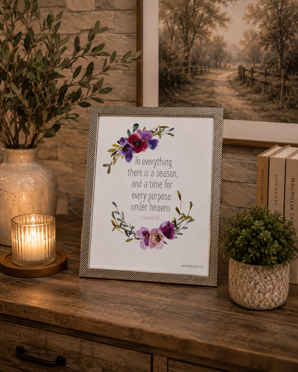Silver framed 10x8 inch elegant piece with God’s Word from Ecclesiastes 3:1 “To everything there is a season, and a time for every purpose under Heaven”.