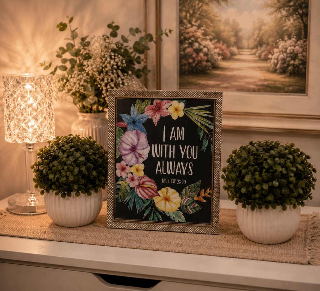 Silver Framed Elegant Scripture Wall Art or for Table top in 10X8 inch size with Bible verse – "I Am With You Always" (Matthew 28:20)
