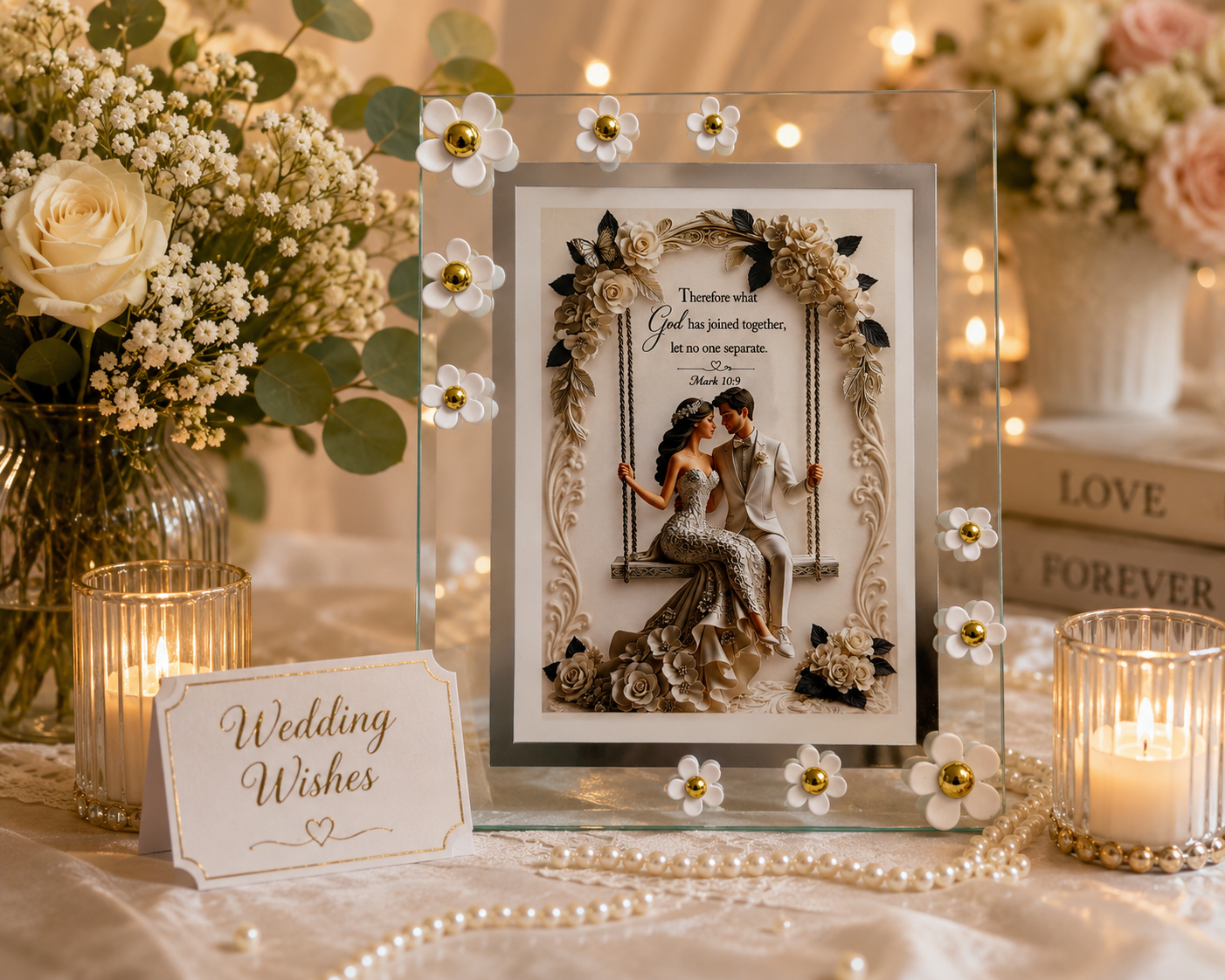 Wedding Wishes Floral Glass Frame – 8 × 6 inch | Elegant Wedding Keepsake, shown in bright and warm lighting.