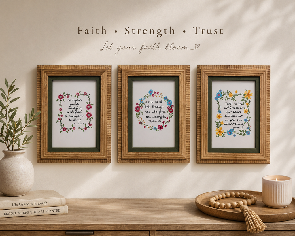Set of 3 Framed (4x6 inch) Bible Verse Wall Art Prints – Faith, Strength, Trust Floral Decor