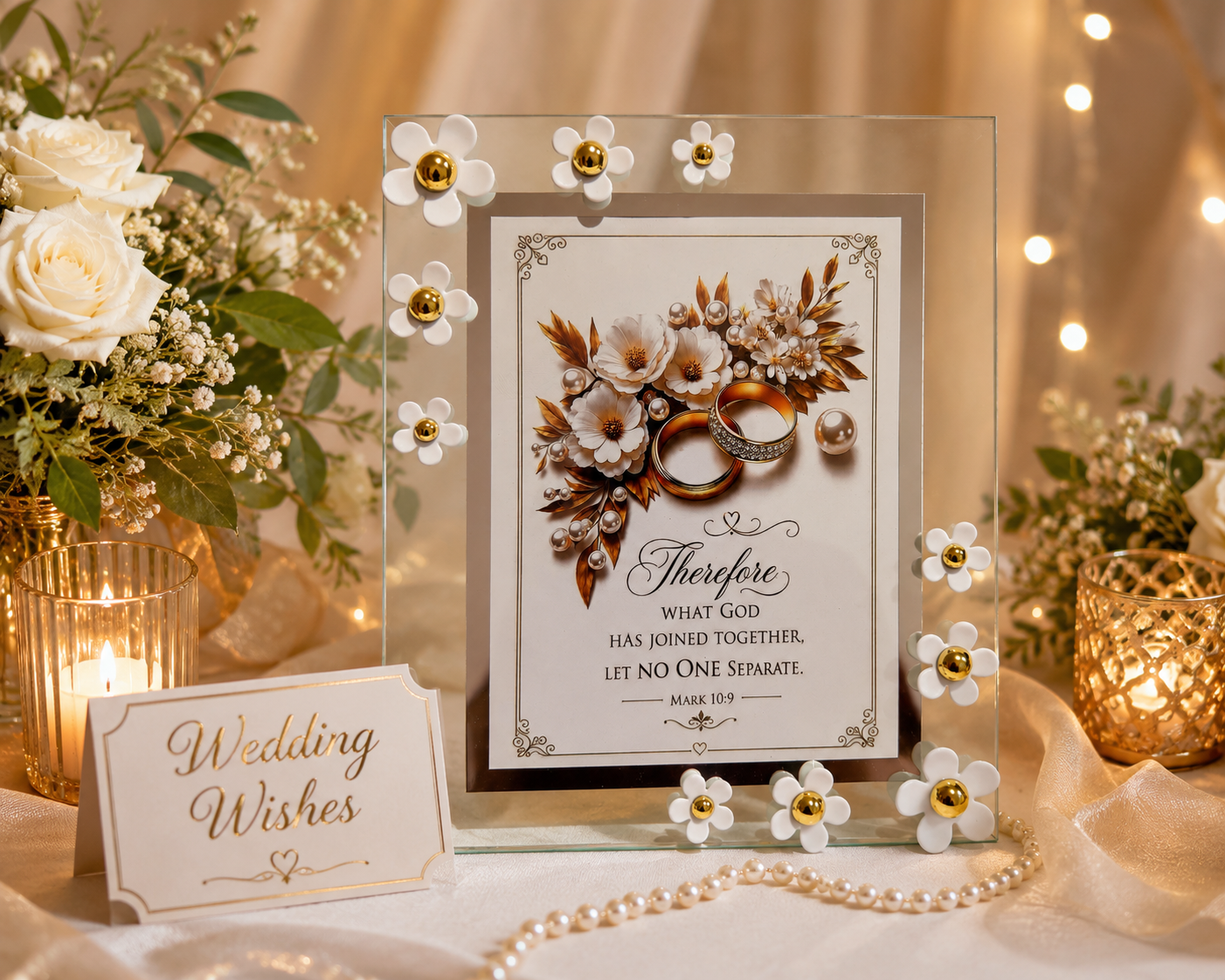 Wedding Wishes Floral Glass Frame – 8 × 6 inch | Elegant Wedding Keepsake, shown in bright and warm lighting.