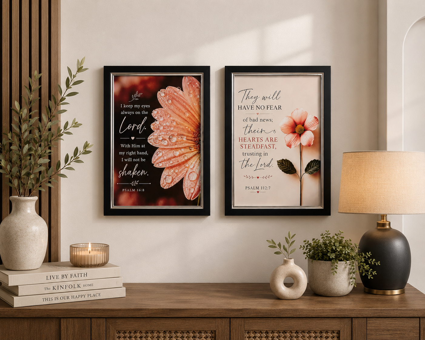 Set of 2: Scripture Floral Wall Art Set – Psalm 16:8 & Psalm 112:7 Framed Prints. Sold as a set of two £25 or individually £15 each