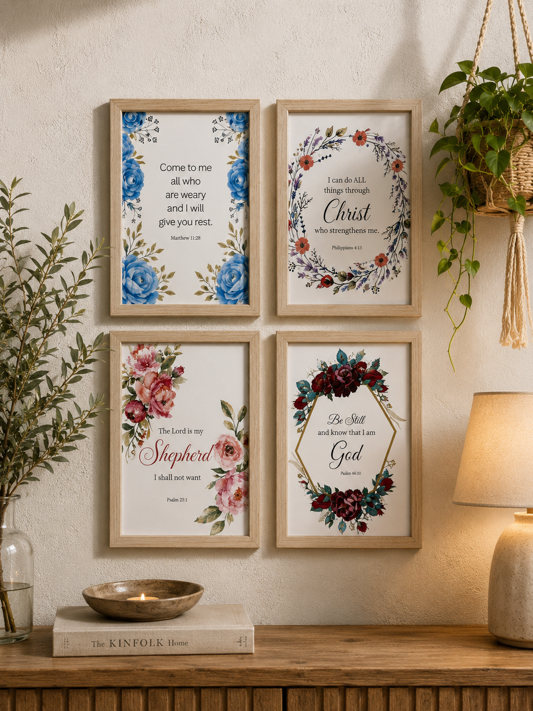 Four beautifully coordinated wall art prints 6x4 inch designed to bring peace, comfort, and daily inspiration into any living space