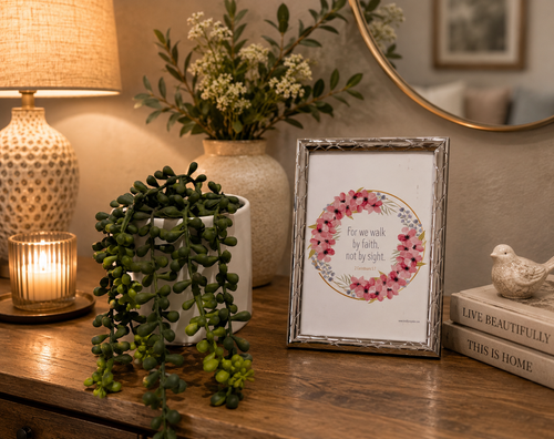 A 6X 4 inch silver framed Christian scripture print featuring the popular Bible verse 2 Corinthians 5:7, reading "For we walk by faith, not by sight."