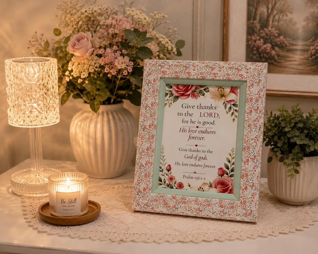 Rectangular flowered wooden photo frame of 8X6 inch size with Psalm 136:1-2 (Give Thanks to The Lord…)