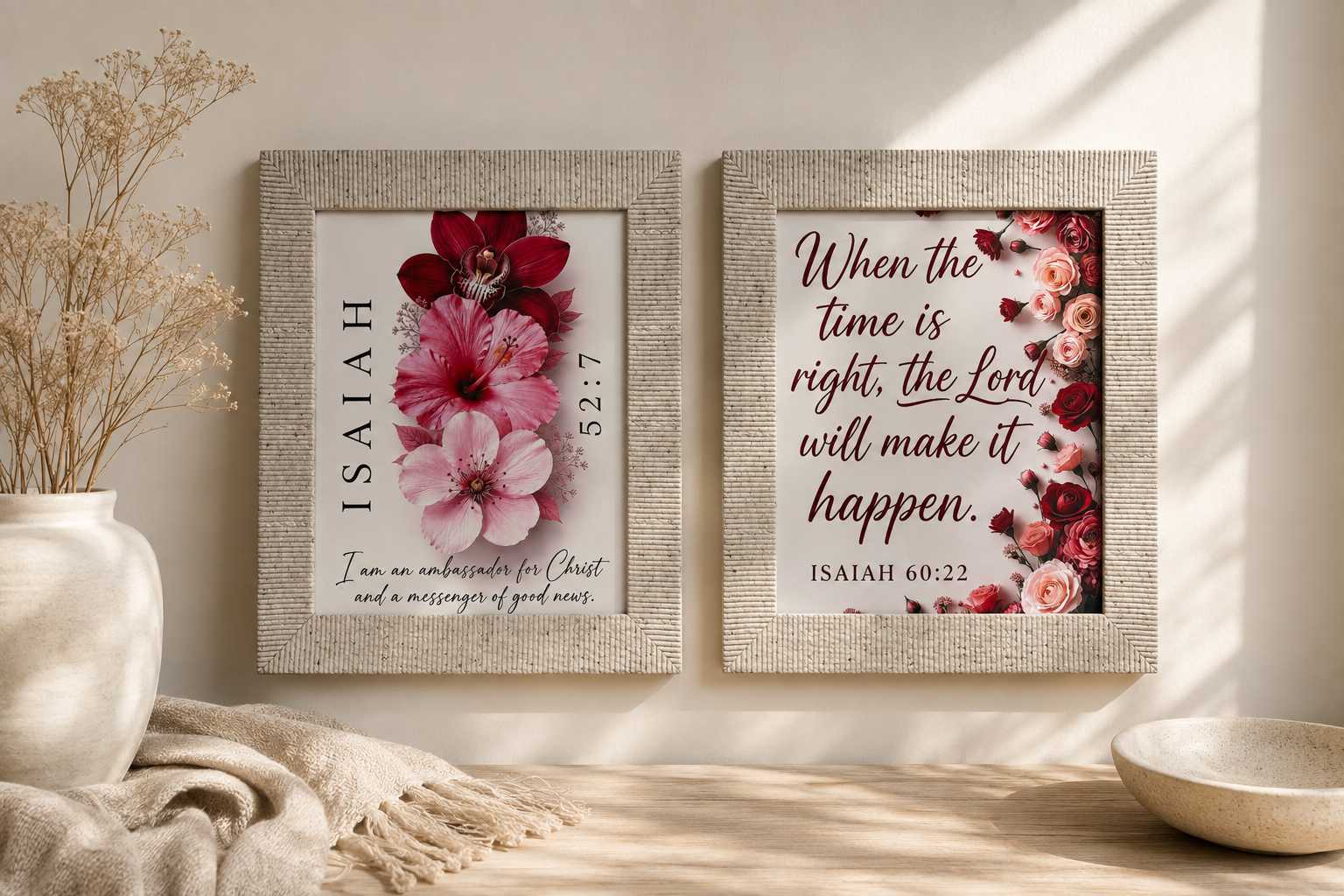 Bring a sense of peace, faith, and timeless beauty into your home with this stunning set of two floral Scripture wall art prints in 10x8 inch individual frames. Second photo is only for presentation purposes only.