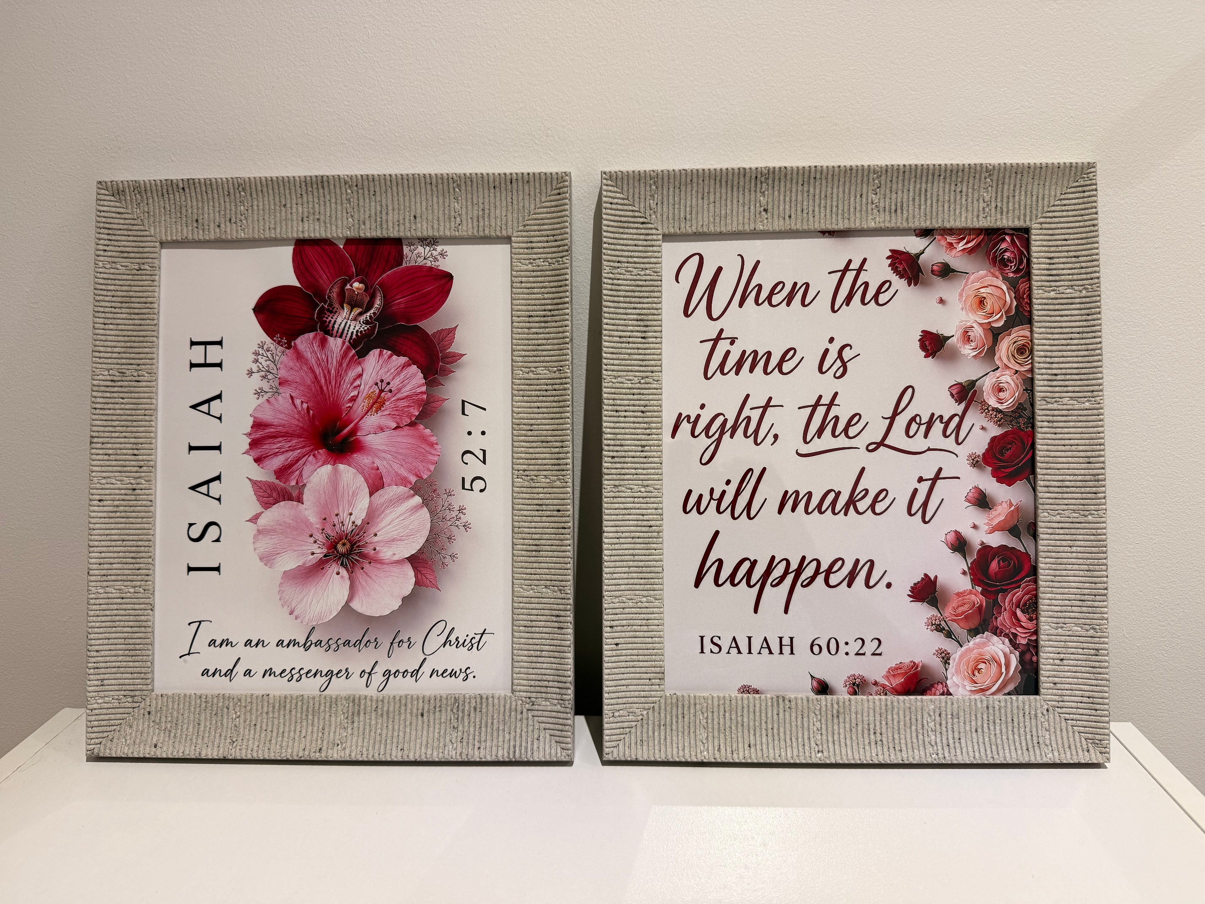 Bring a sense of peace, faith, and timeless beauty into your home with this stunning set of two floral Scripture wall art prints in 10x8 inch individual frames. Second photo is only for presentation purposes only.