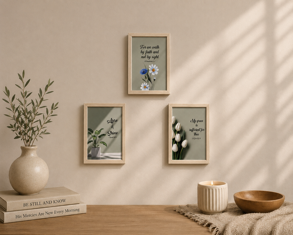 Minimalist Sage Green Christian Wall Art Set of 3 | Modern Botanical Scripture Prints|4x6 inch Framed Bible Verse Decor (Corinthians, Isaiah, 2 Cor)