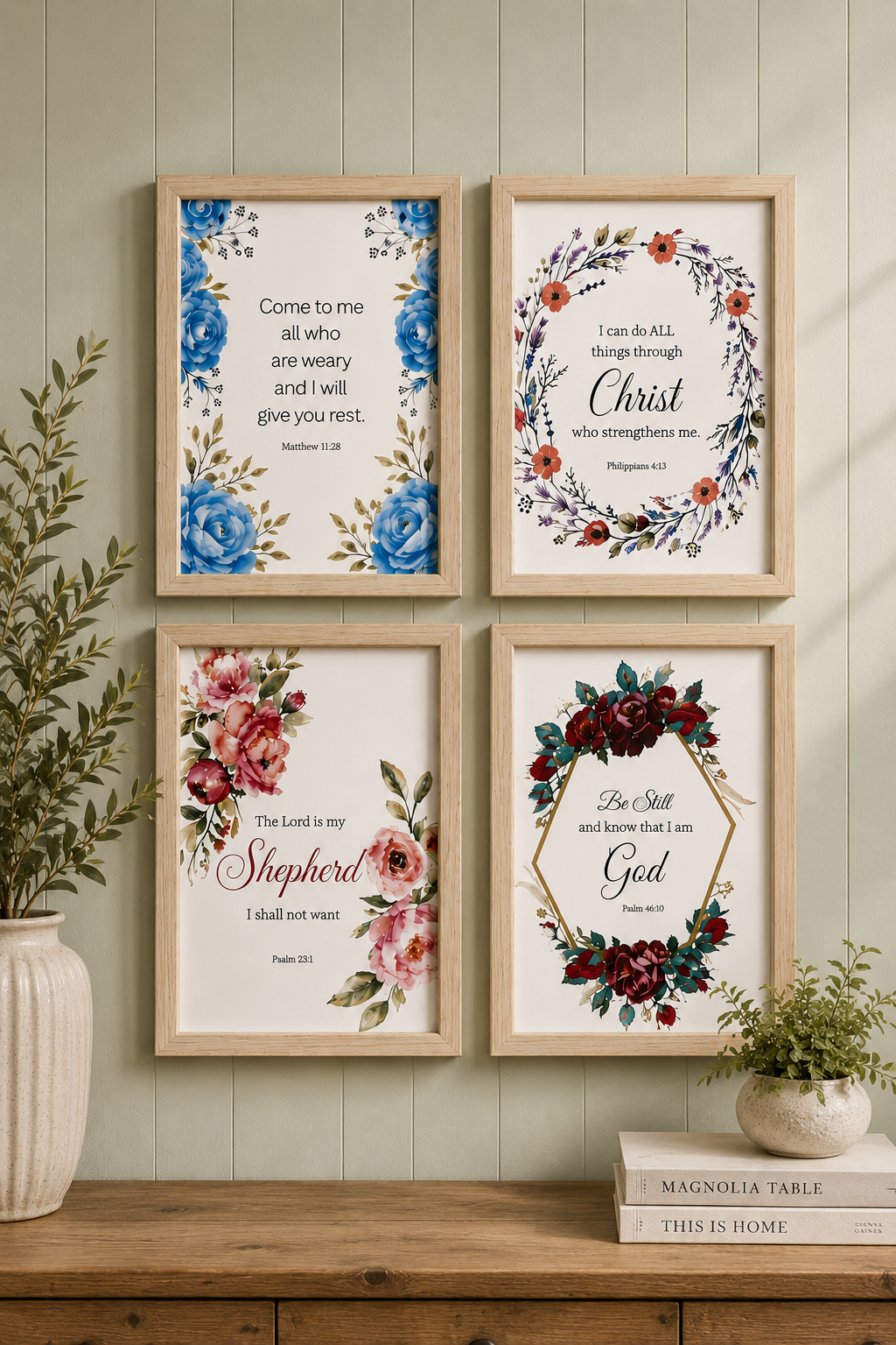 Four beautifully coordinated wall art prints 6x4 inch designed to bring peace, comfort, and daily inspiration into any living space