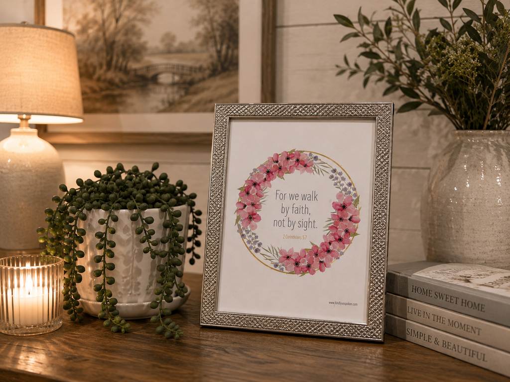 A 6X 4 inch silver framed Christian scripture print featuring the popular Bible verse 2 Corinthians 5:7, reading "For we walk by faith, not by sight."