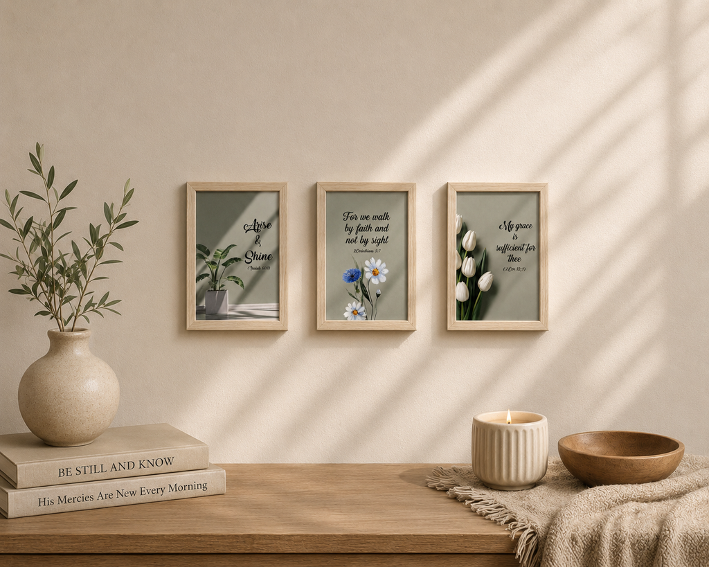 Minimalist Sage Green Christian Wall Art Set of 3 | Modern Botanical Scripture Prints|4x6 inch Framed Bible Verse Decor (Corinthians, Isaiah, 2 Cor)