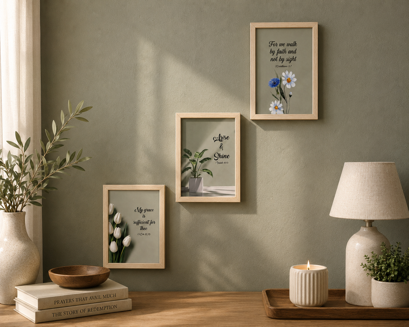 Minimalist Sage Green Christian Wall Art Set of 3 | Modern Botanical Scripture Prints|4x6 inch Framed Bible Verse Decor (Corinthians, Isaiah, 2 Cor)
