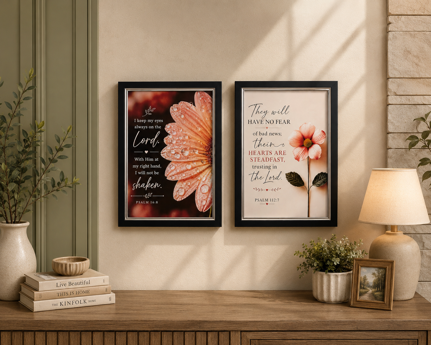 Set of 2: Scripture Floral Wall Art Set – Psalm 16:8 & Psalm 112:7 Framed Prints. Sold as a set of two £25 or individually £15 each