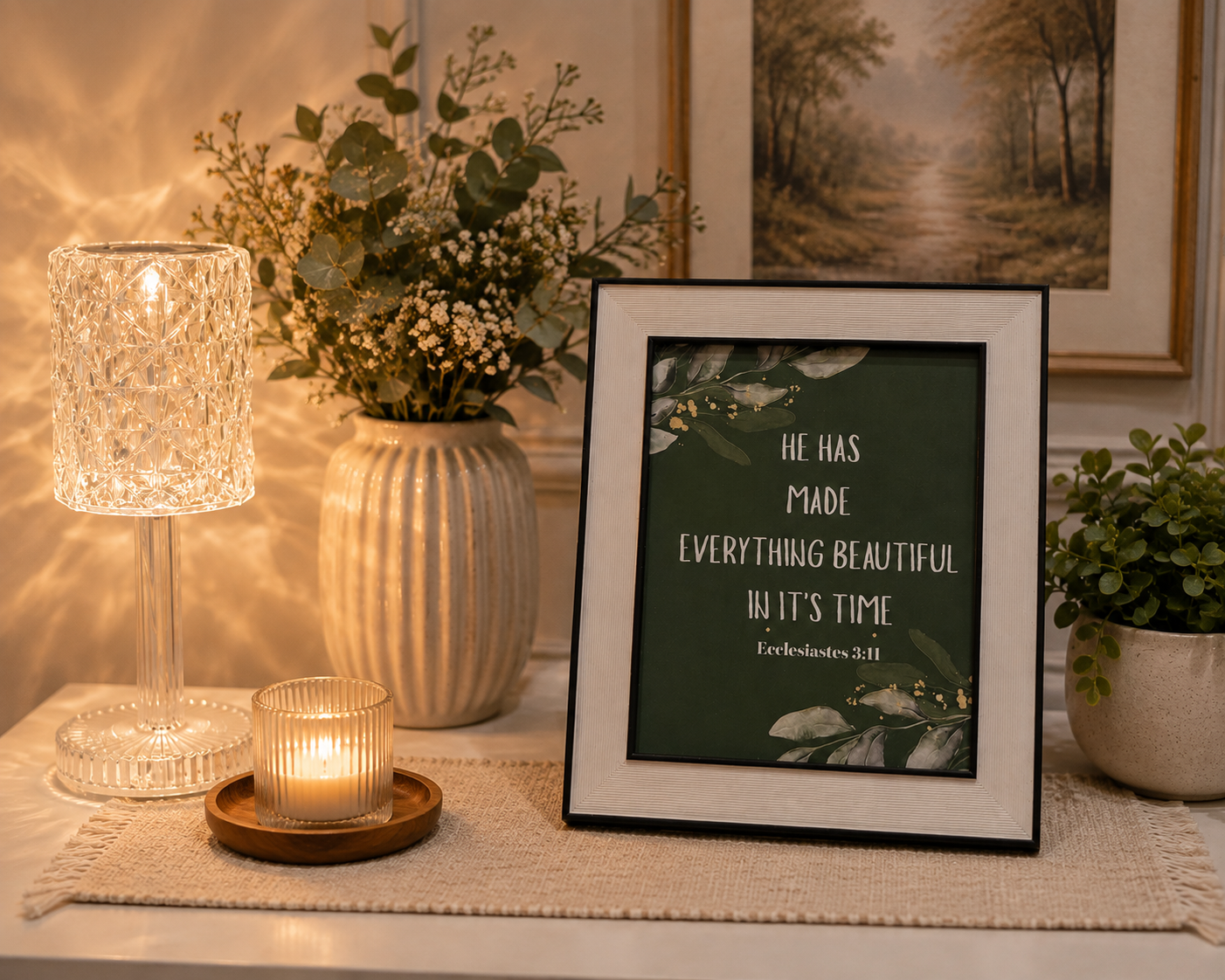 Elegant Faith-Inspired wooden Framed Art Print of 10X8 inch with printed Ecclesiastes 3:11: "He has made everything beautiful in its time."