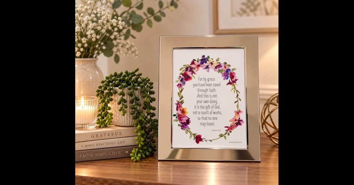 Silver framed 10X8 inch elegant piece with Bible Verse from Ephesians 2:8-9 “For by Grace you have been saved…”