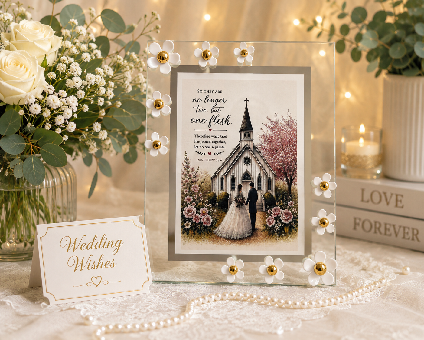 Wedding Wishes Floral Glass Frame – 8 × 6 inch | Elegant Wedding Keepsake, shown in bright and warm lighting.