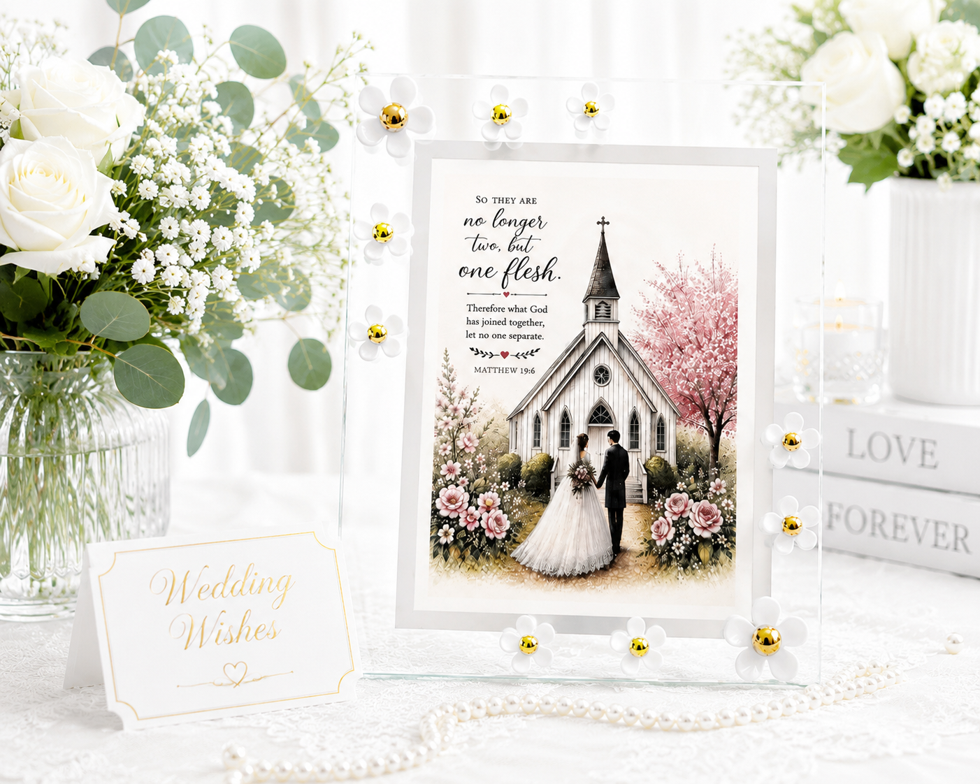 Wedding Wishes Floral Glass Frame – 8 × 6 inch | Elegant Wedding Keepsake, shown in bright and warm lighting.