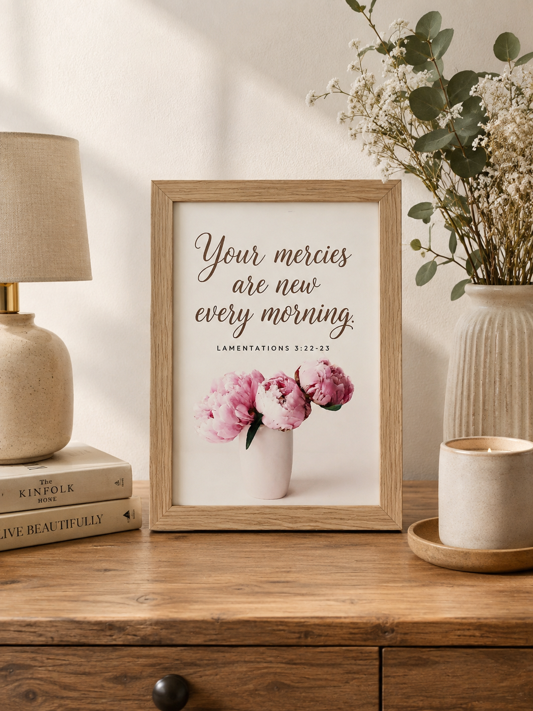 Lamentations 3:22-23 Scripture Art Print | 4x6 Wooden Framed Bible Verse Signs | Pink Peony Floral Christian Home Decor