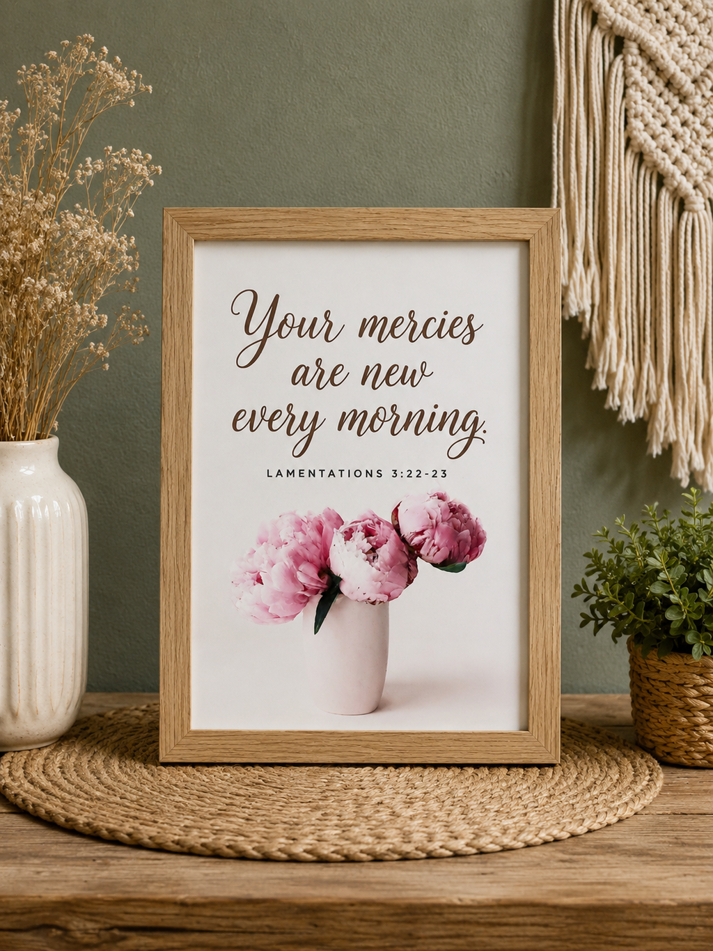 Lamentations 3:22-23 Scripture Art Print | 4x6 Wooden Framed Bible Verse Signs | Pink Peony Floral Christian Home Decor