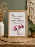 Lamentations 3:22-23 Scripture Art Print | 4x6 Wooden Framed Bible Verse Signs | Pink Peony Floral Christian Home Decor
