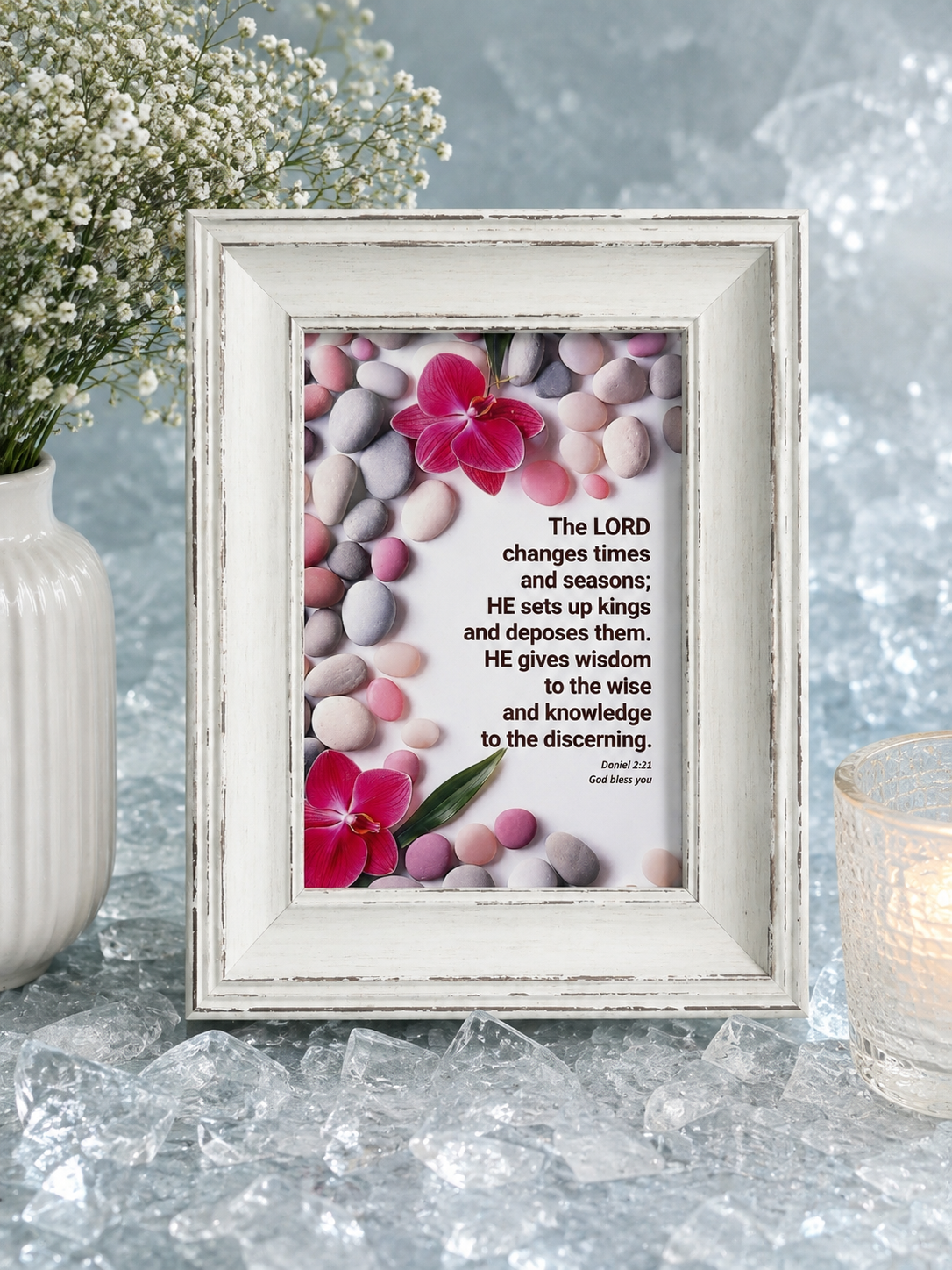 Rustic White Wooden Picture Frame with Daniel 2:21 Bible Verse