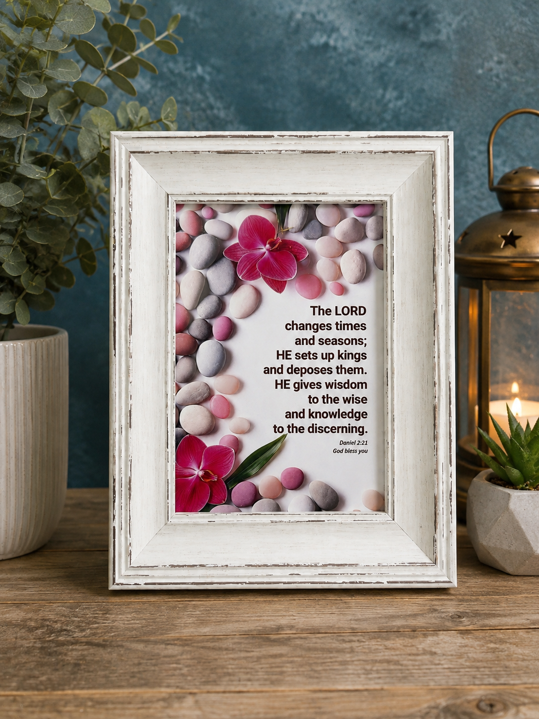 Rustic White Wooden Picture Frame with Daniel 2:21 Bible Verse