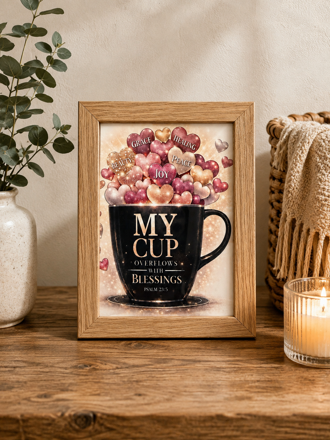 This framed art print features a warm, faith-focused design perfect for Christian home decor