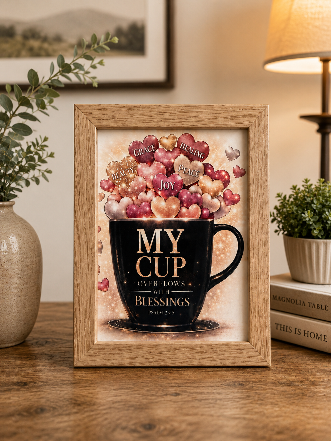 This framed art print features a warm, faith-focused design perfect for Christian home decor
