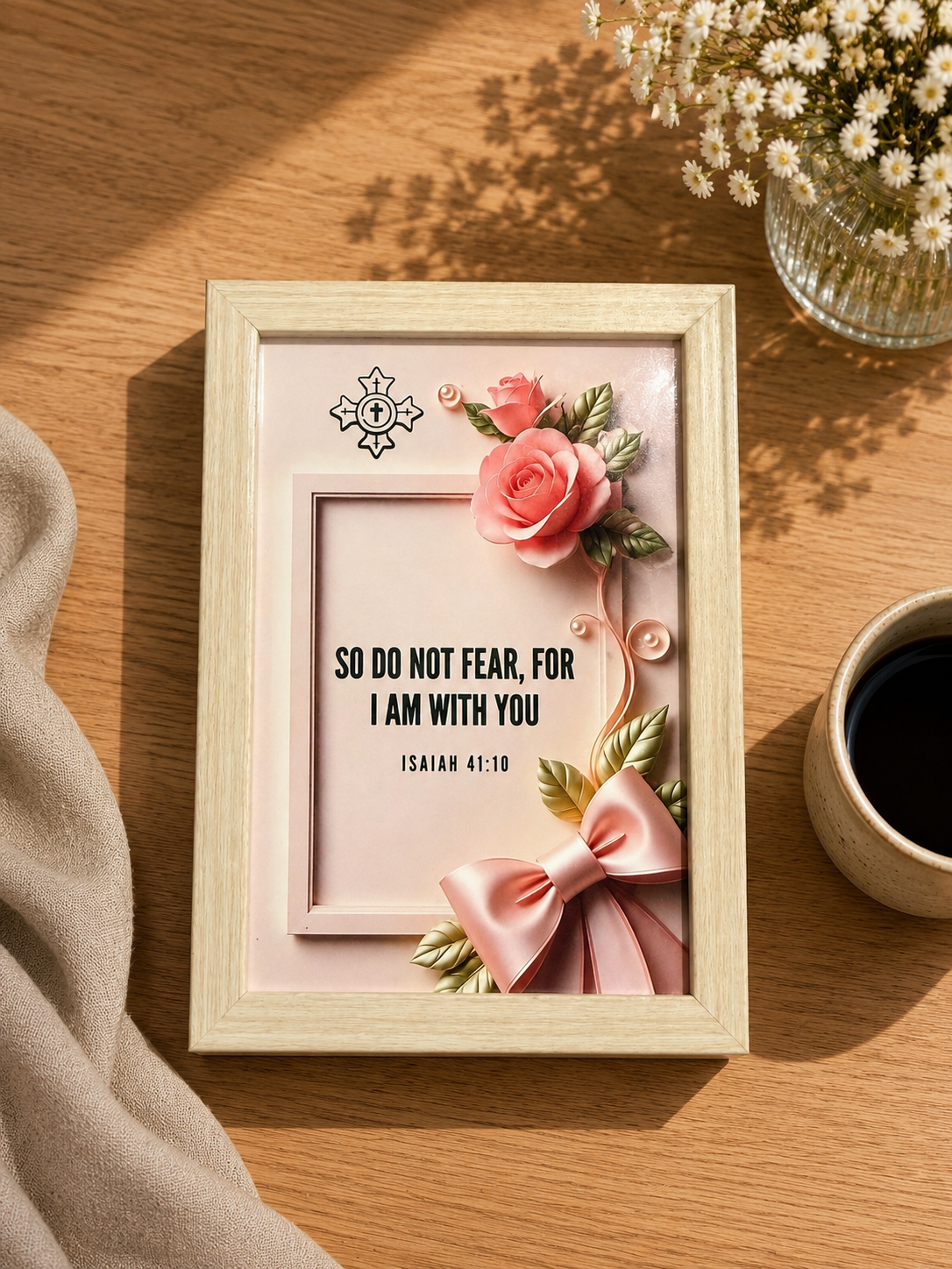 Isaiah 41:10 Framed Scripture Art – Pink Floral Bible Verse Decor in 4x6 frame