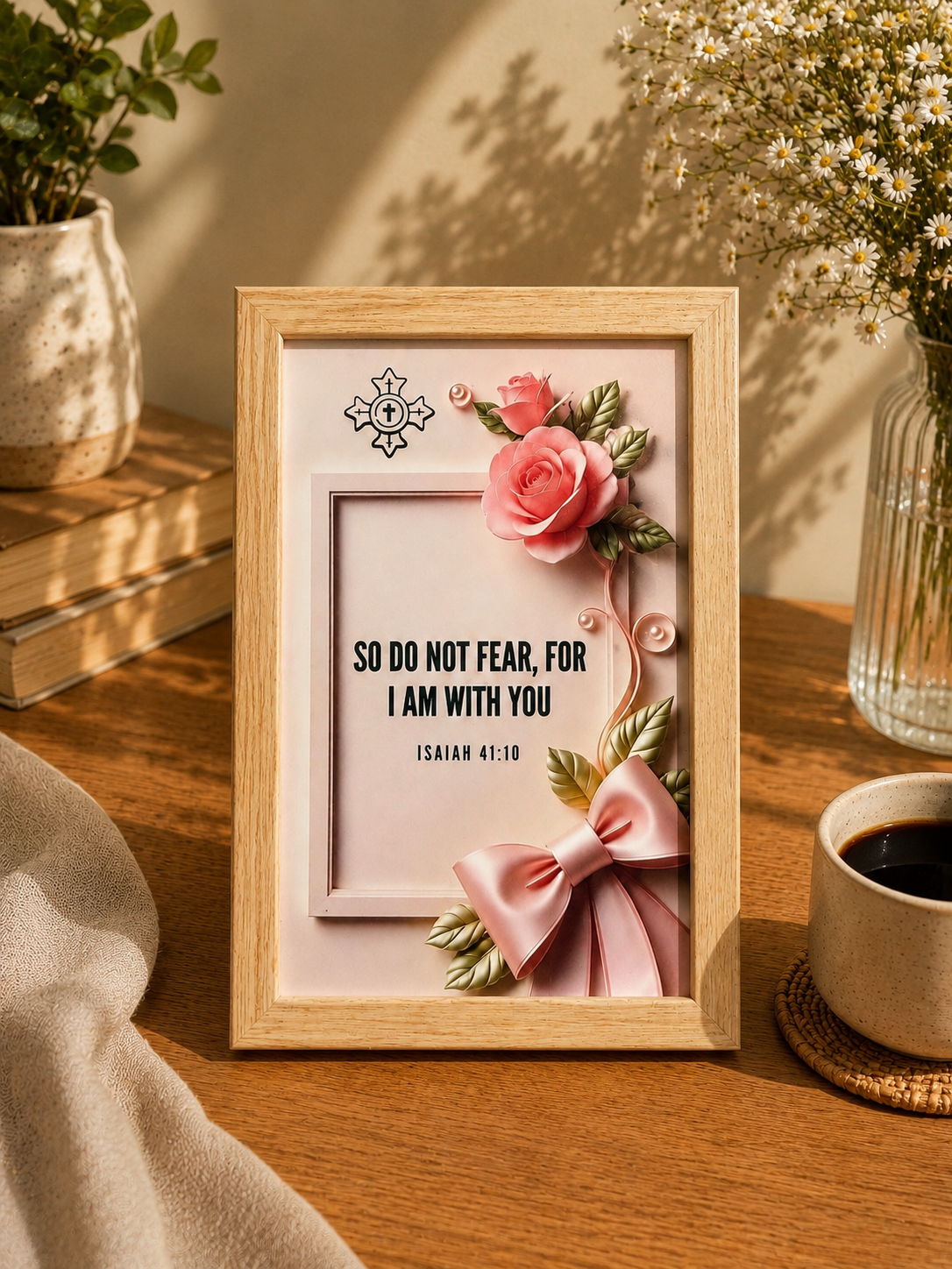 Isaiah 41:10 Framed Scripture Art – Pink Floral Bible Verse Decor in 4x6 frame