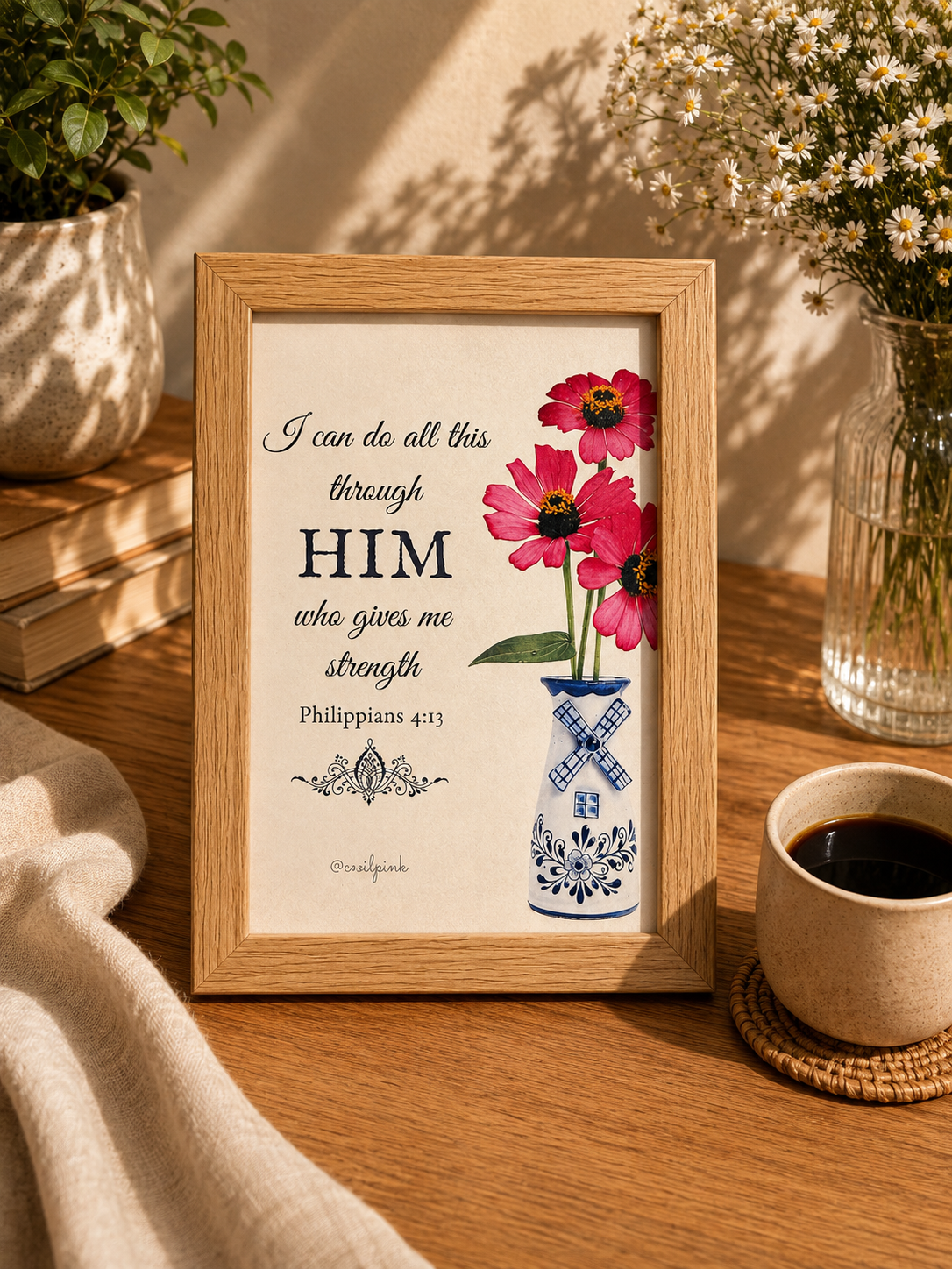 Philippians 4:13 Framed Watercolor Wall Art in a 4x6 frame
