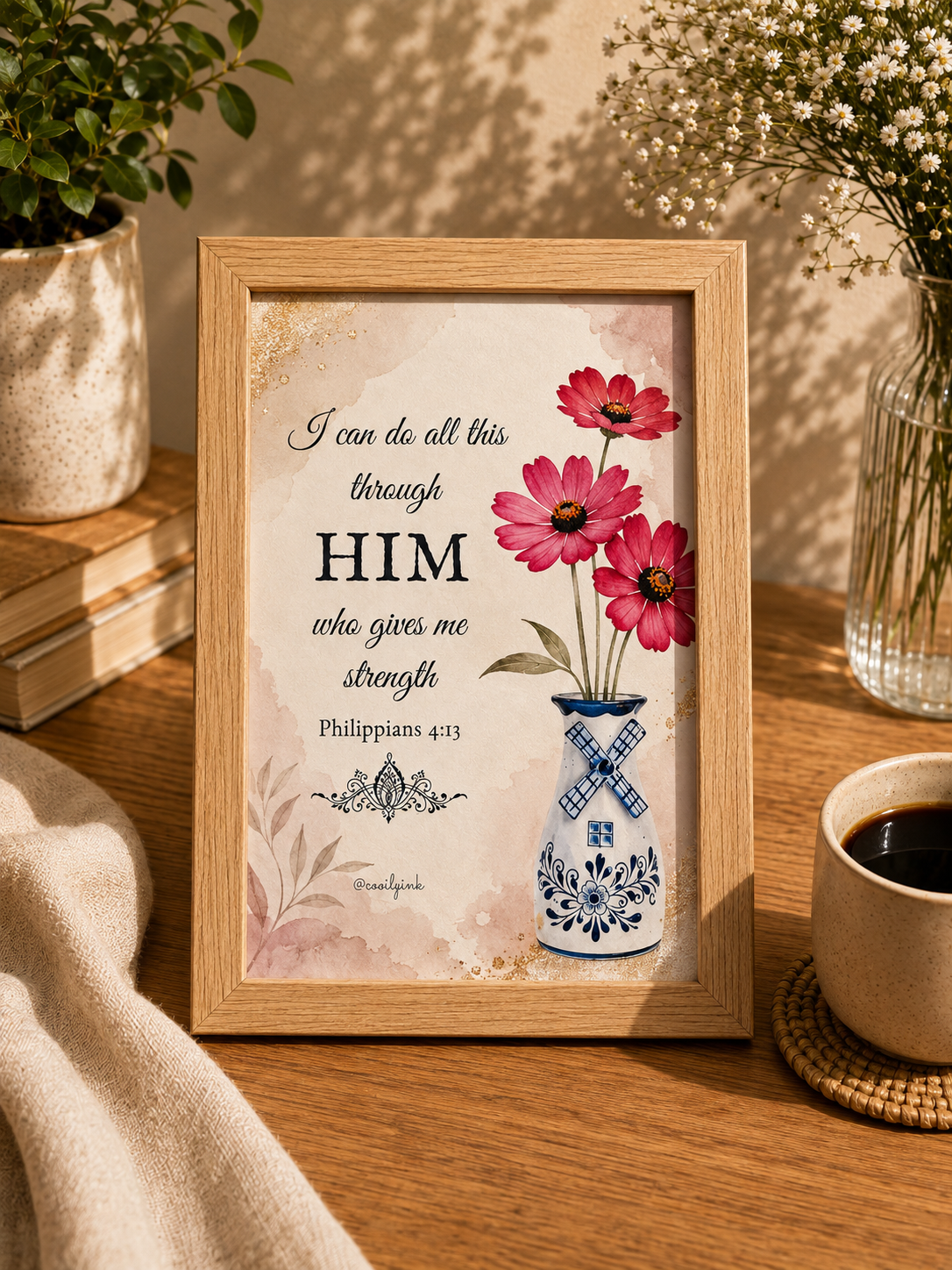 Philippians 4:13 Framed Watercolor Wall Art in a 4x6 frame