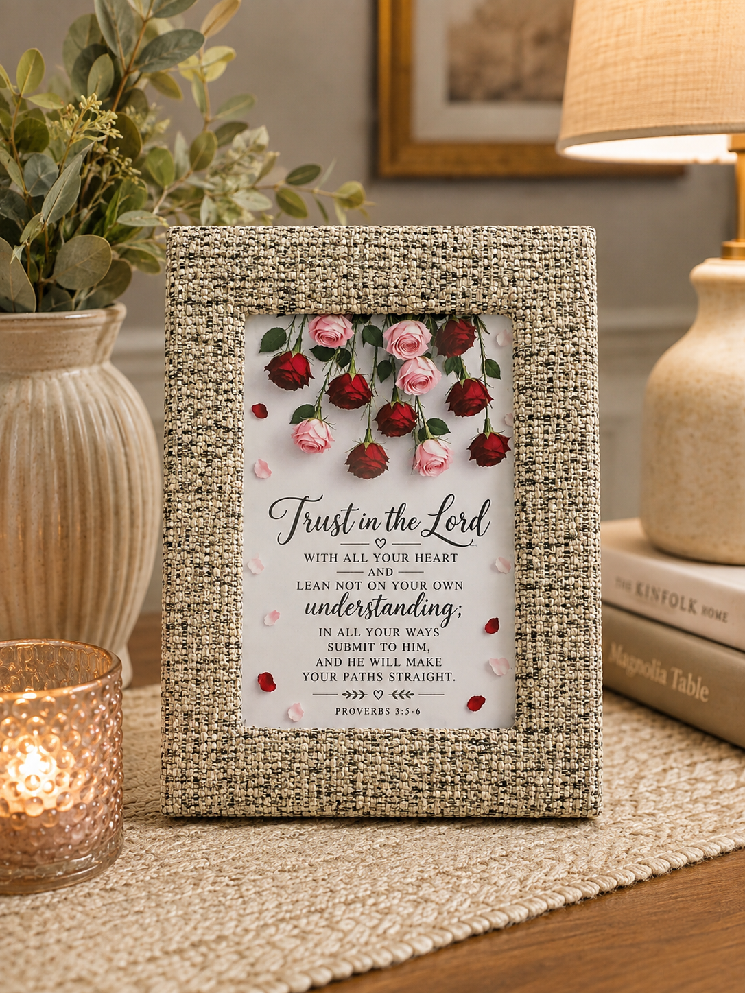 Proverbs 3:5-6 Scripture Art in Textured Woven Fabric Frame 7x5 inch