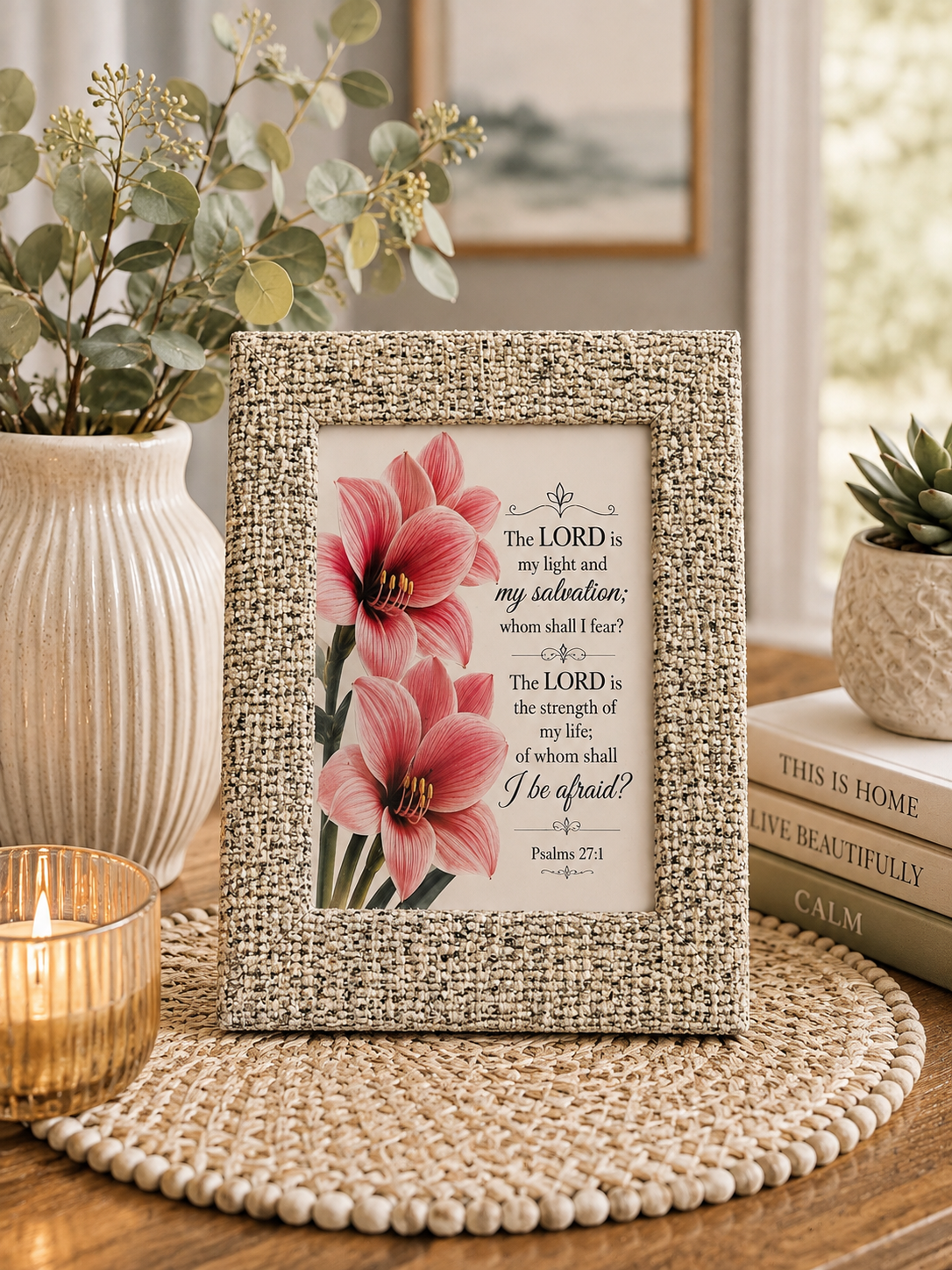 Psalms 27:1 Scripture Art Print in Textured Bouclé Fabric Picture Frame 7x5 inch