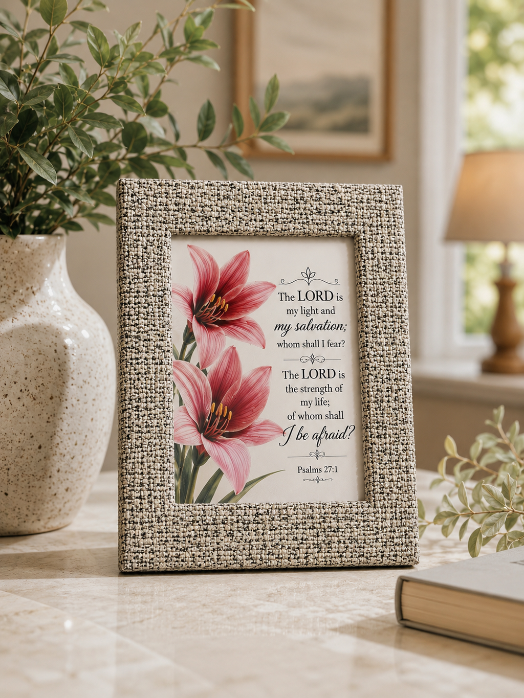 Psalms 27:1 Scripture Art Print in Textured Bouclé Fabric Picture Frame 7x5 inch