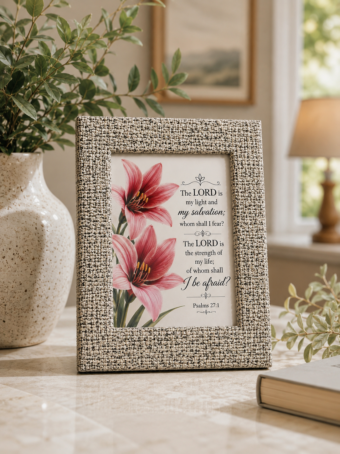 Psalms 27:1 Scripture Art Print in Textured Bouclé Fabric Picture Frame 7x5 inch