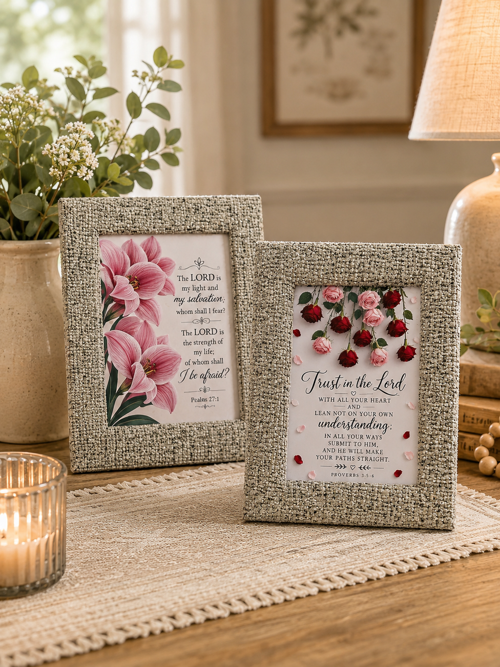 Set of two frames (7x5 inch each) which Features comforting passages from Psalms 27:1 ("The Lord is my light and my salvation") and Proverbs 3:5-6 ("Trust in the Lord with all your heart").